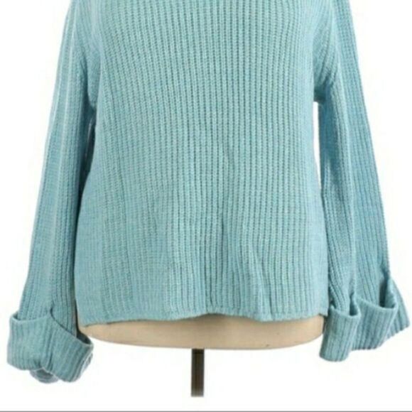 Lane Bryant Cable Knit Draped Cowl Cuffed Bell Sleeve Turquoise Sweater Sz 18/20 - Picture 6 of 13
